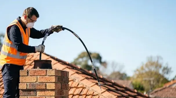 Technician working on a chimney flue from a Castaic roof