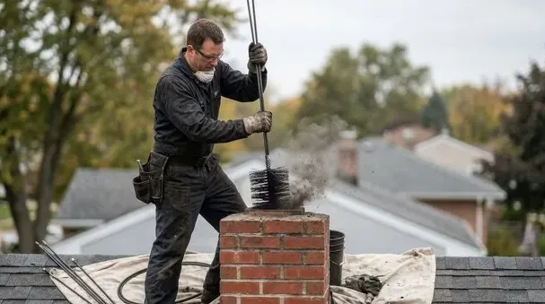 Chimney sweep brushing a chimney from a Saugus roof
