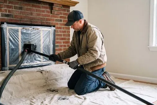 Hearth sealed with plastic during chimney service