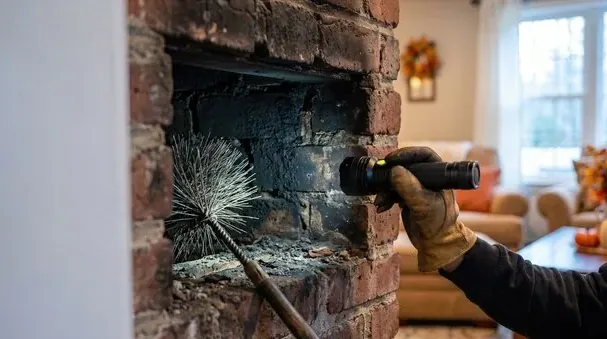 Technician inspecting a fireplace with a flashlight in a Valencia home