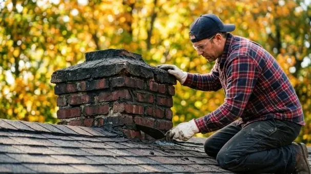 Mason repairing the top of an older brick chimney in Newhall